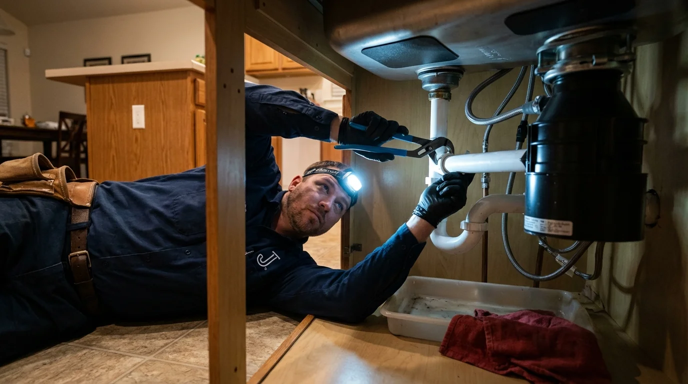 P-trap and supply line connections under a kitchen sink showing a common leak point in Hampton, GA